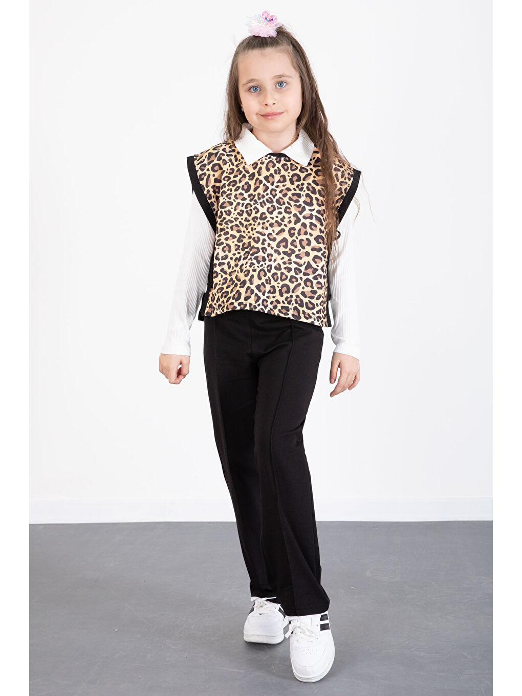 Siyah Leopar Desenli Süveterli Badili Kız Çocuk Pantolonlu 3lü Takım 20527