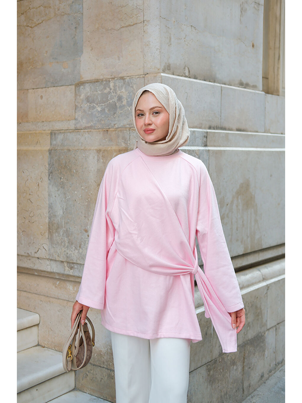 Kadın Yandan Şallı Tunik Pembe-2