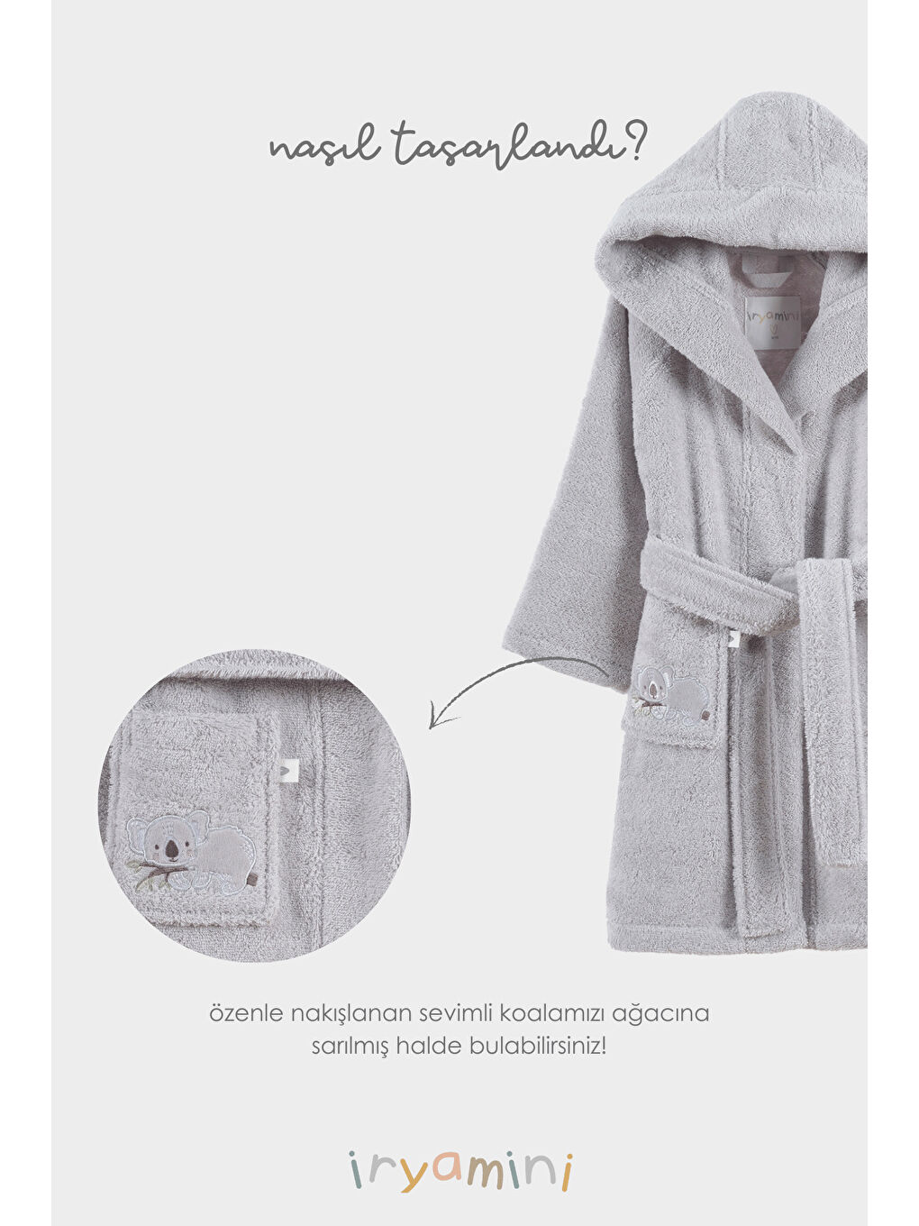 Tiny Koala Organik Pamuk Nakışlı Çocuk Bornoz Gri-1
