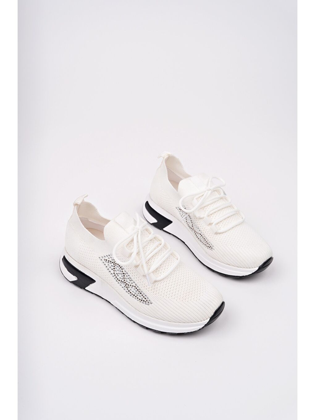 Beyaz MARTHA Kadın Kalın Taban Günlük Triko Taşlı Bağcıklı Sneaker Spor Ayakkabı-5