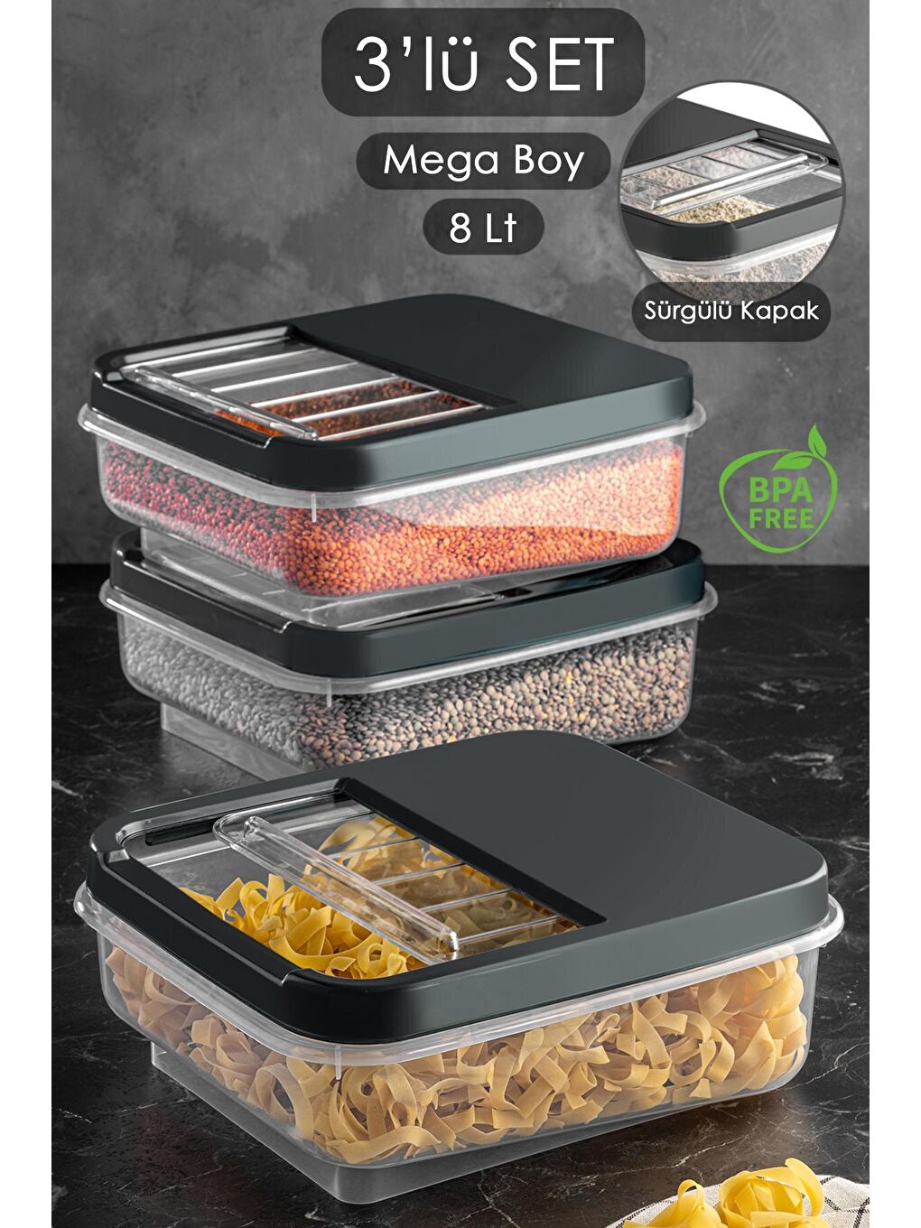Antrasit 3'lü 8 lt Kayar Kapaklı Erzak Bakliyat Saklama Kabı
