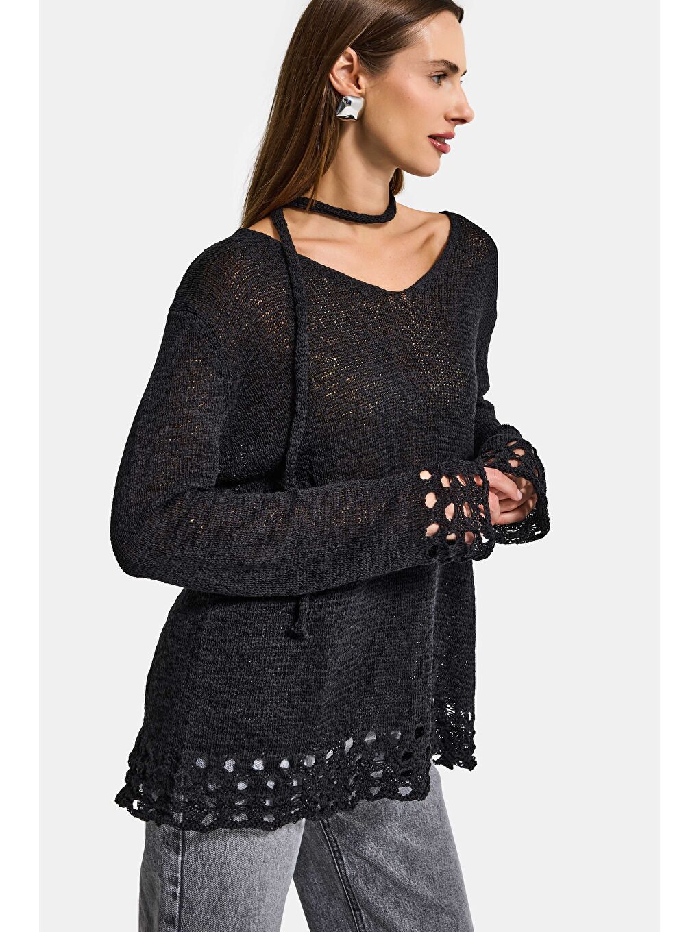 Kadın Siyah w5 Oversize Özel Kumaş Tasarım Bol Kesim Triko-1