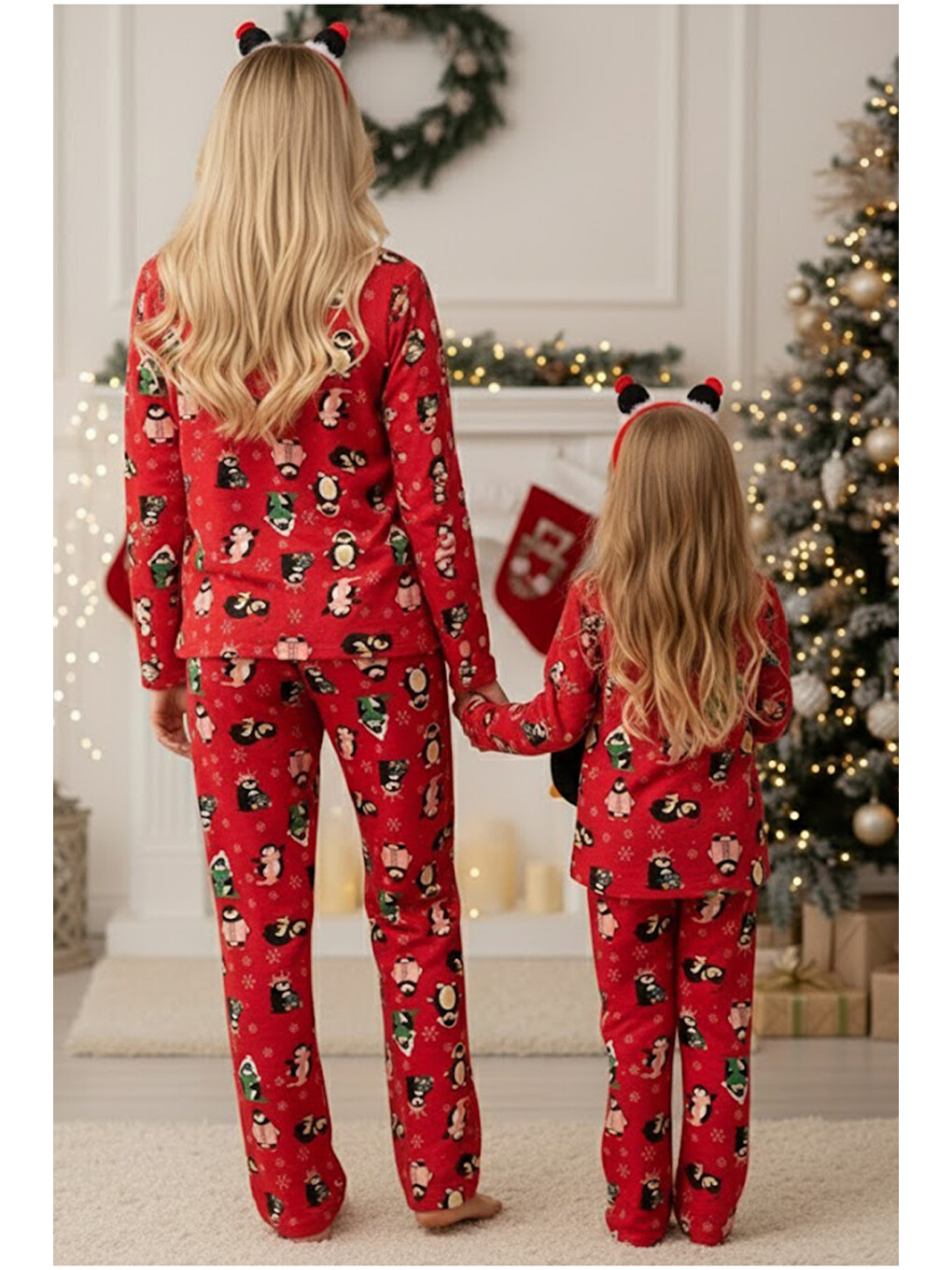 Kırmızı %100 Pamuklu Penguen Desenli Yılbaşı Temalı Örme Pijama Takım-2