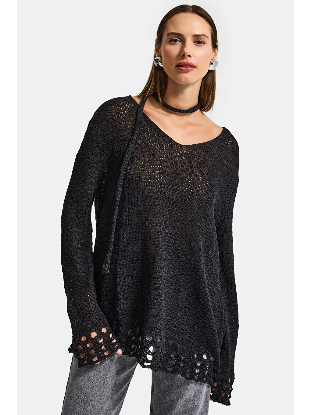 Kadın Siyah w5 Oversize Özel Kumaş Tasarım Bol Kesim Triko-3