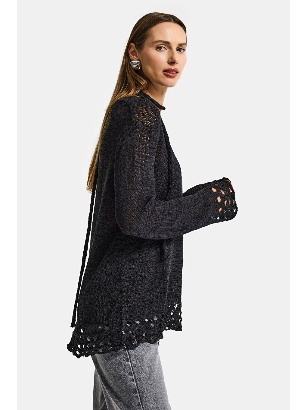 Kadın Siyah w5 Oversize Özel Kumaş Tasarım Bol Kesim Triko-4