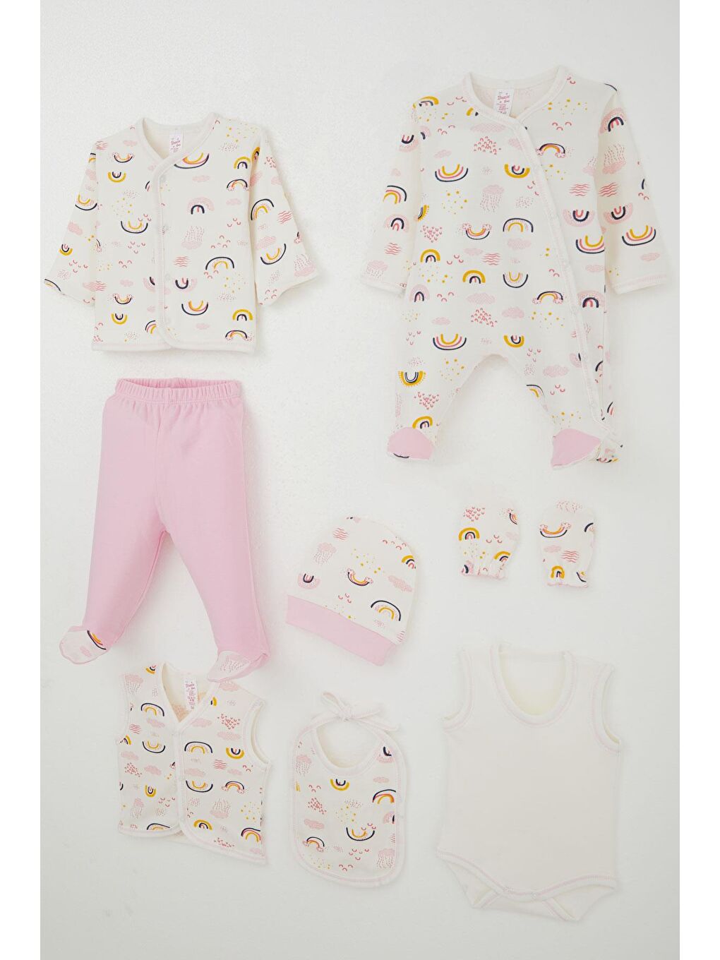 Kız Bebek Hastane Çıkışı 8 Li Gökyüzü Temalı Bulut Desenli Ekru (0-3 Ay)-1