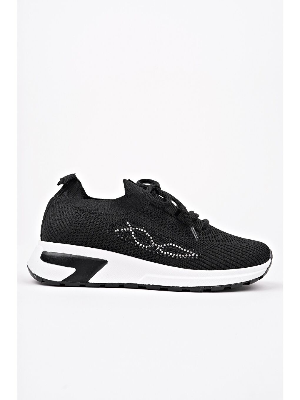 Siyah MARTHA Kadın Kalın Taban Günlük Triko Taşlı Bağcıklı Sneaker Spor Ayakkabı