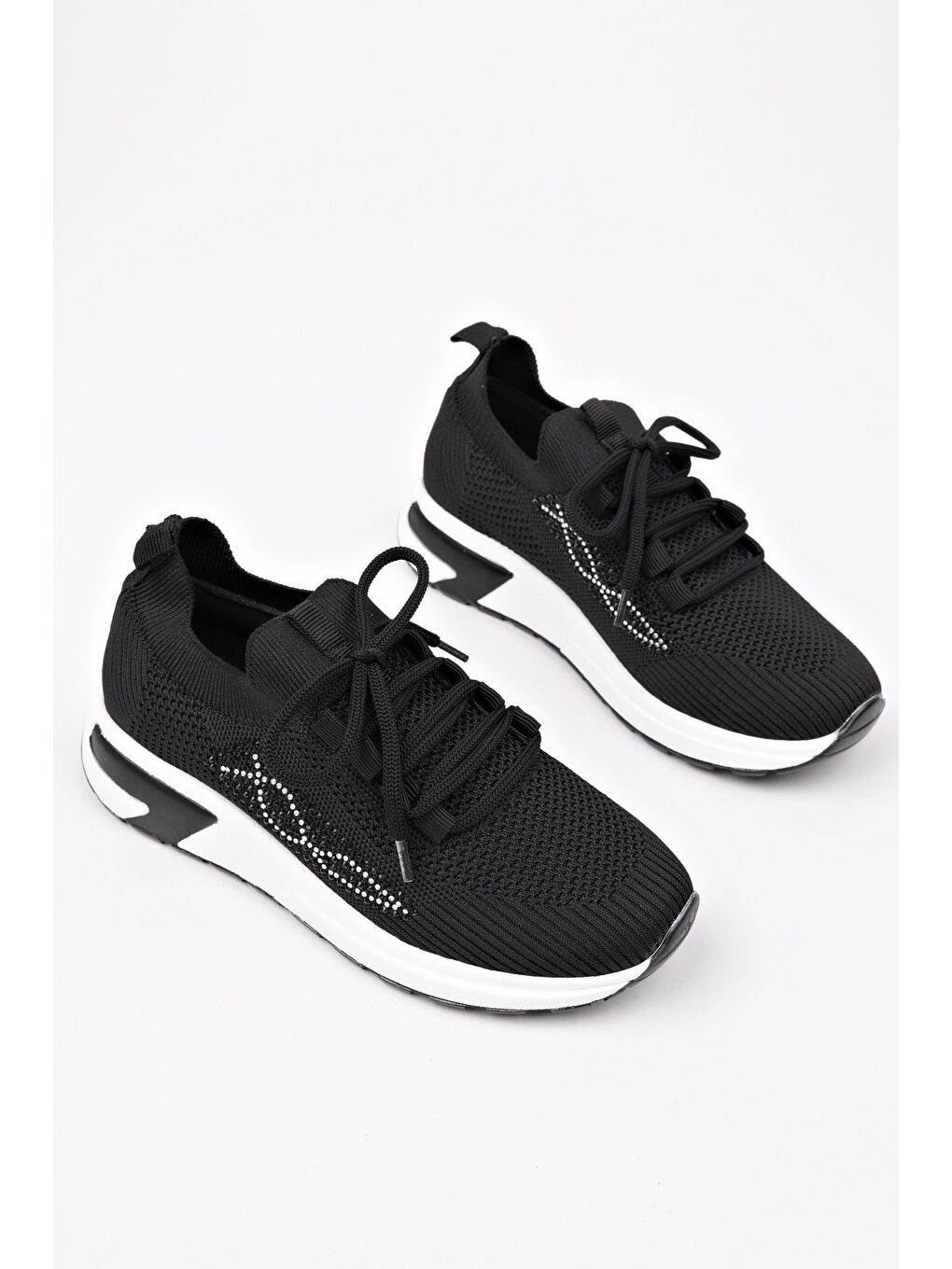 Siyah MARTHA Kadın Kalın Taban Günlük Triko Taşlı Bağcıklı Sneaker Spor Ayakkabı-1
