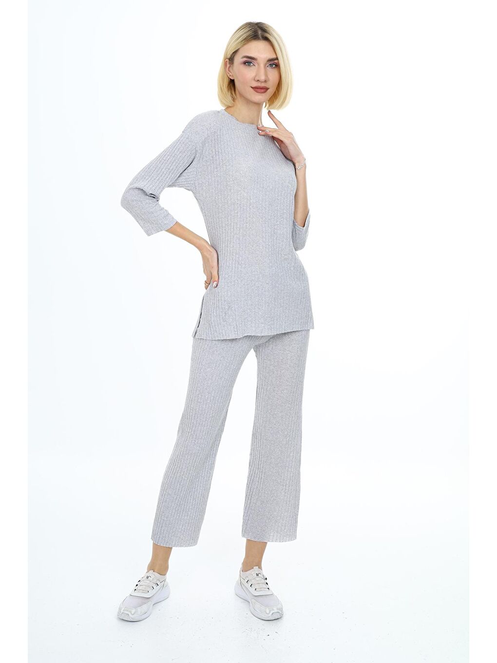 Gri Kadın Panel Detaylı Alt-Üst Takım