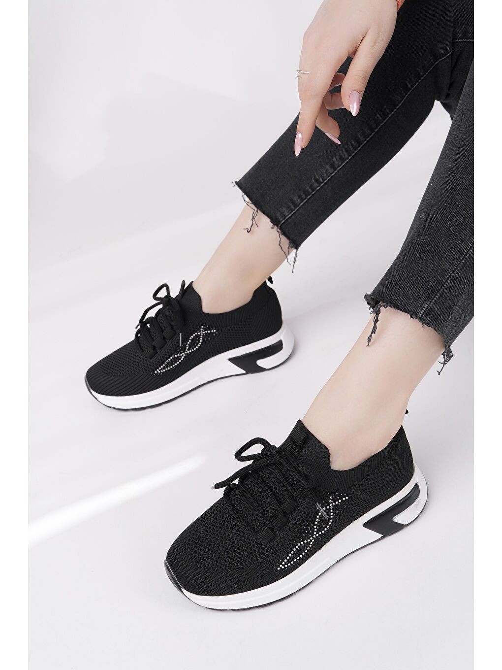 Siyah MARTHA Kadın Kalın Taban Günlük Triko Taşlı Bağcıklı Sneaker Spor Ayakkabı-4