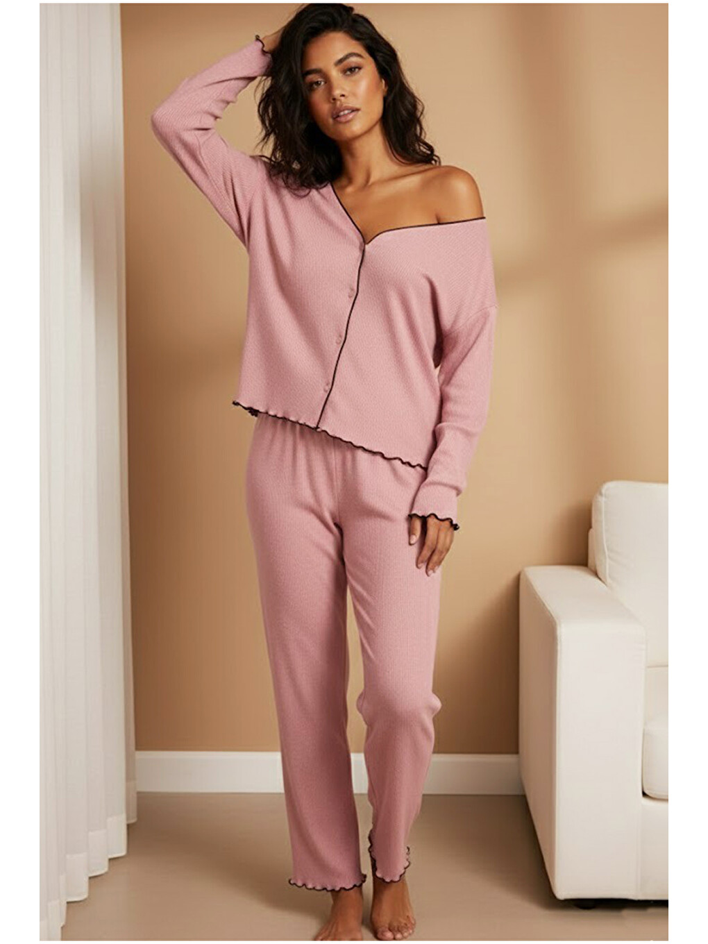 Pembe Fırçalı Yumuşak Dokulu Fitilli Kaşkorse Örme Düğmeli Hırka Pijama Takım 7962-2