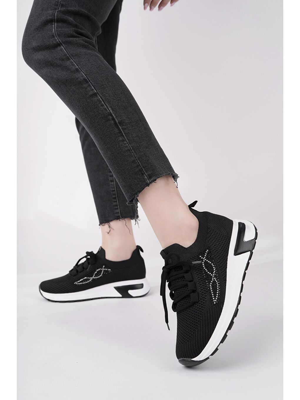 Siyah MARTHA Kadın Kalın Taban Günlük Triko Taşlı Bağcıklı Sneaker Spor Ayakkabı-5