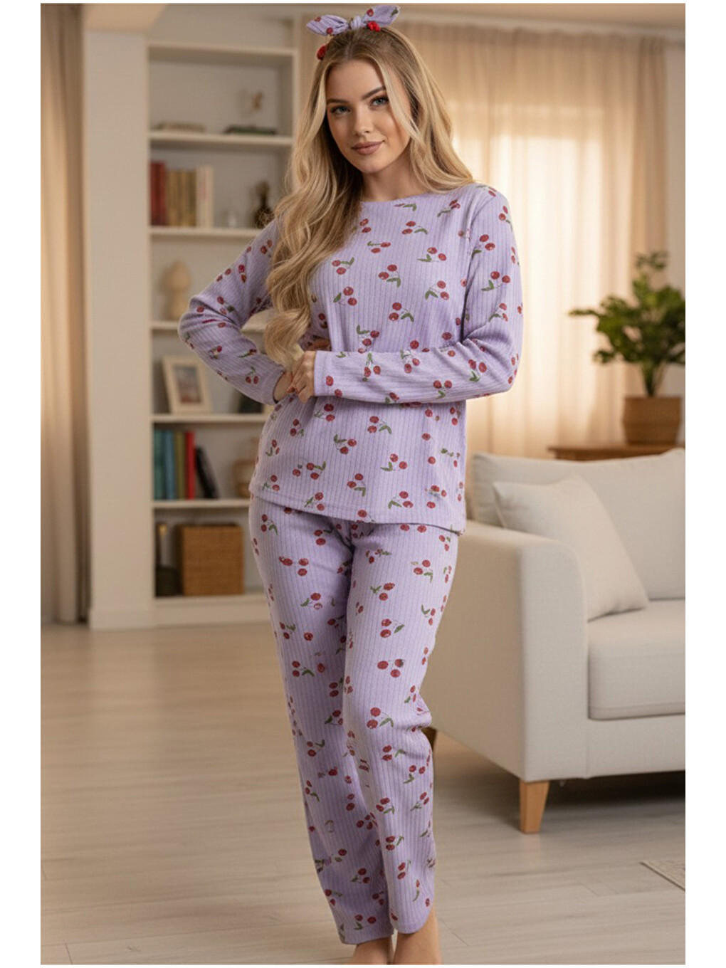 Lila Kiraz Desenli Yumuşak Tuşe Kışlık Fitilli Pamuklu Örme Pijama Takım 7977-1