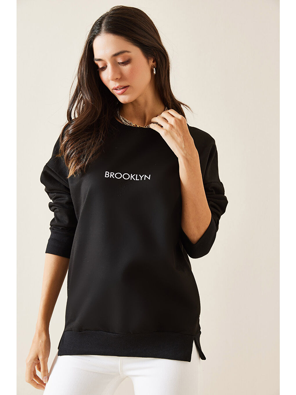 XHAN Siyah Brooklyn Basklı Sweatshirt 5KXK8-49027-02