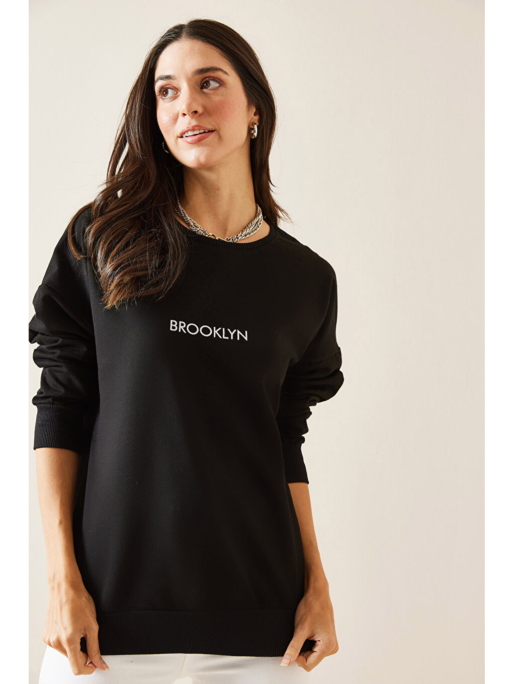 XHAN Siyah Brooklyn Basklı Sweatshirt 5KXK8-49027-02 - 1