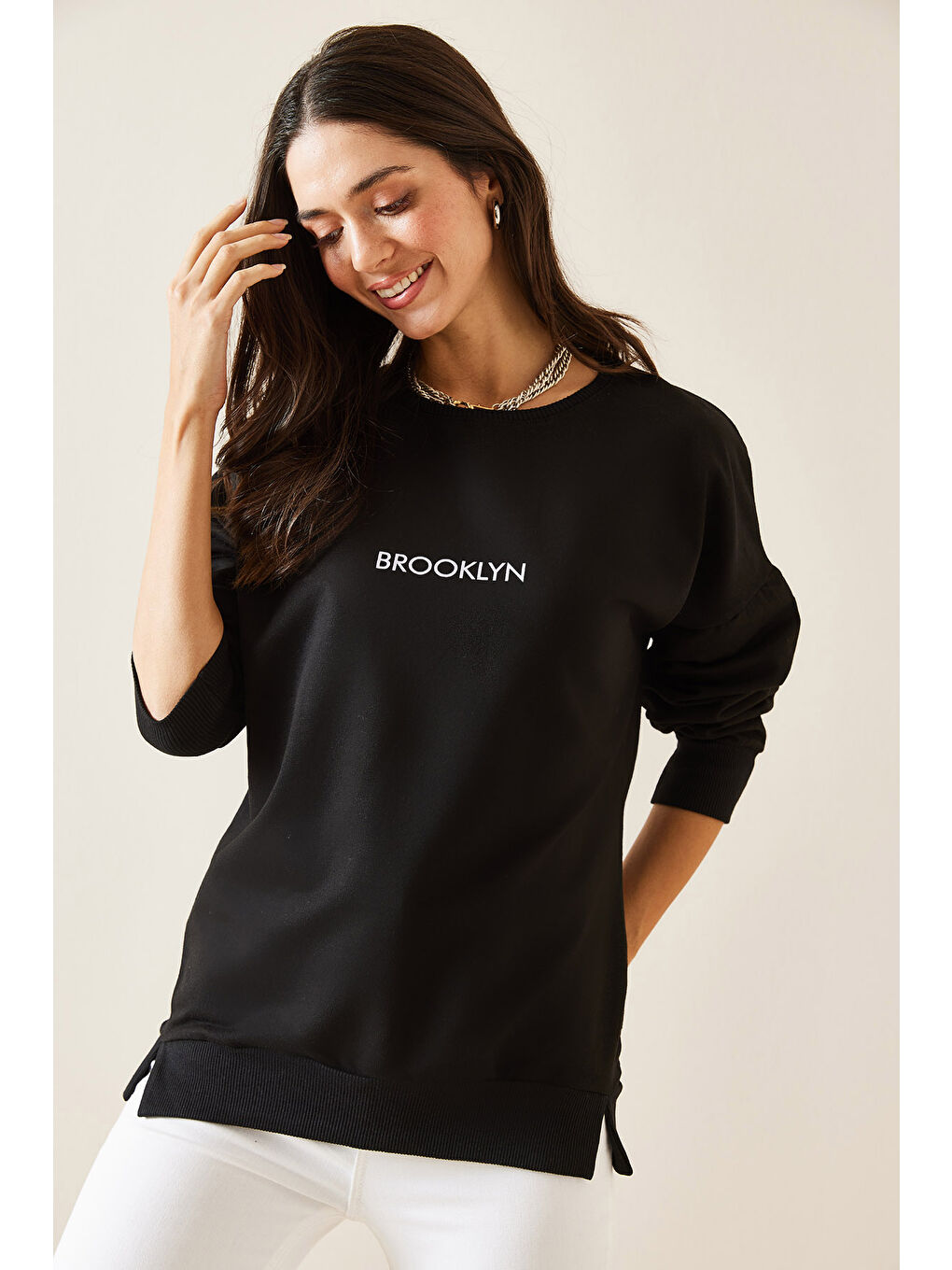 XHAN Siyah Brooklyn Basklı Sweatshirt 5KXK8-49027-02 - 3