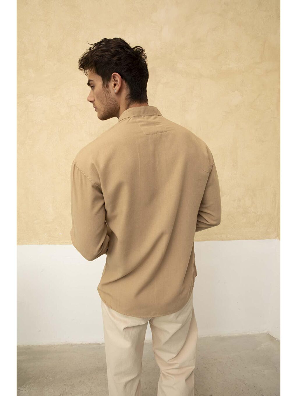 Ekru Slim Fit Dar Kalıp Uzun Kol Hakim Yaka Pamuklu Keten Efekt Gömlek-5