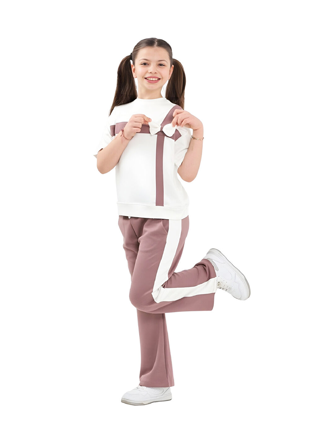 Pembe Kız Çocuk Garnili ve Fiyonk Detaylı Alt -Üst Takım 7-12 Yaş 12573-1