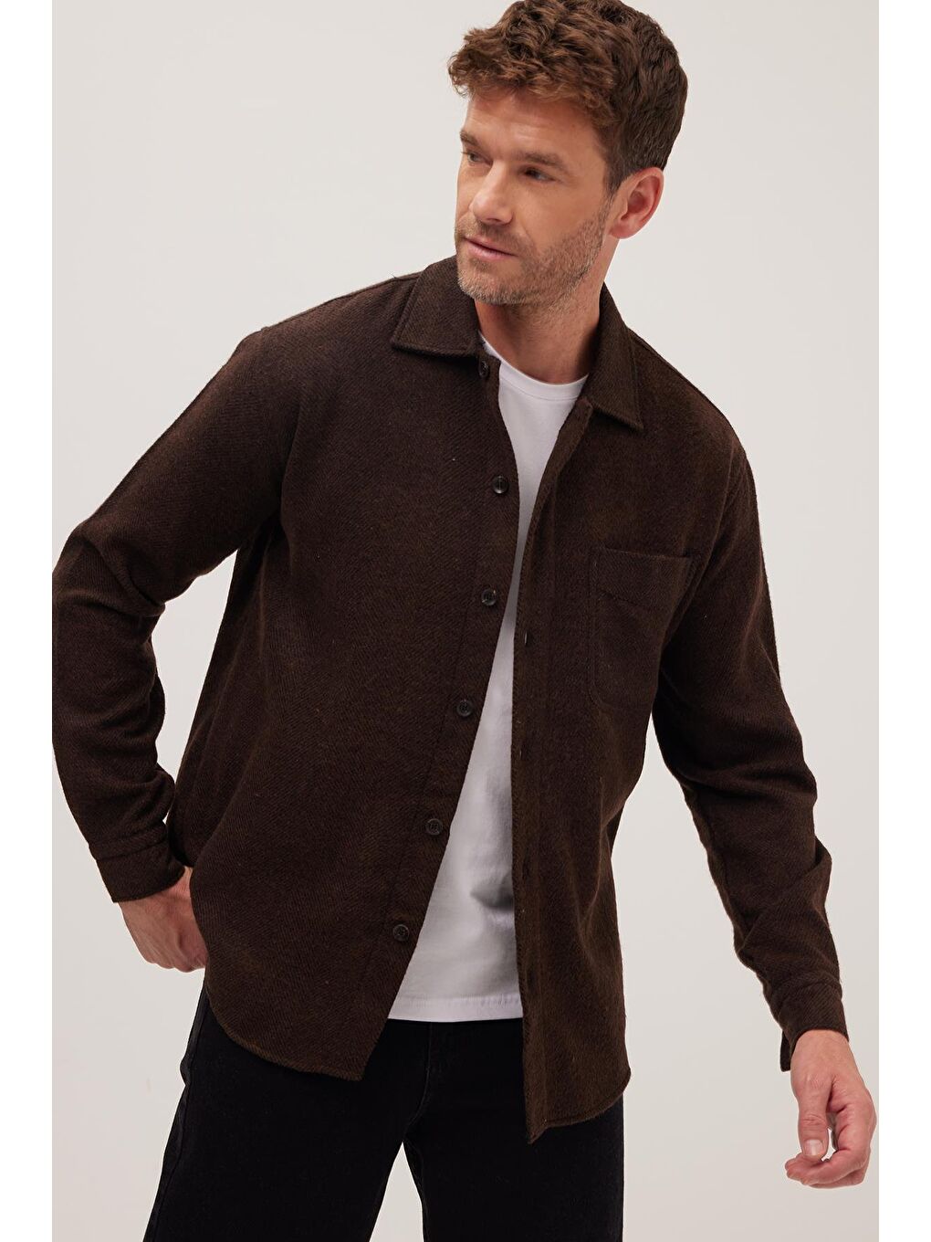 Erkek Relax Fit Rahat Kesim Oduncu Tek Cepli Armürlü Kahverengi Apaş Yaka Kışlık Gömlek