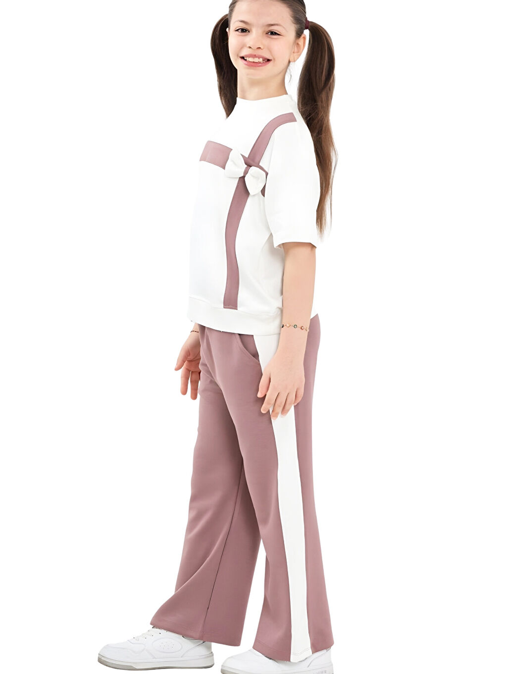 Pembe Kız Çocuk Garnili ve Fiyonk Detaylı Alt -Üst Takım 7-12 Yaş 12573-2