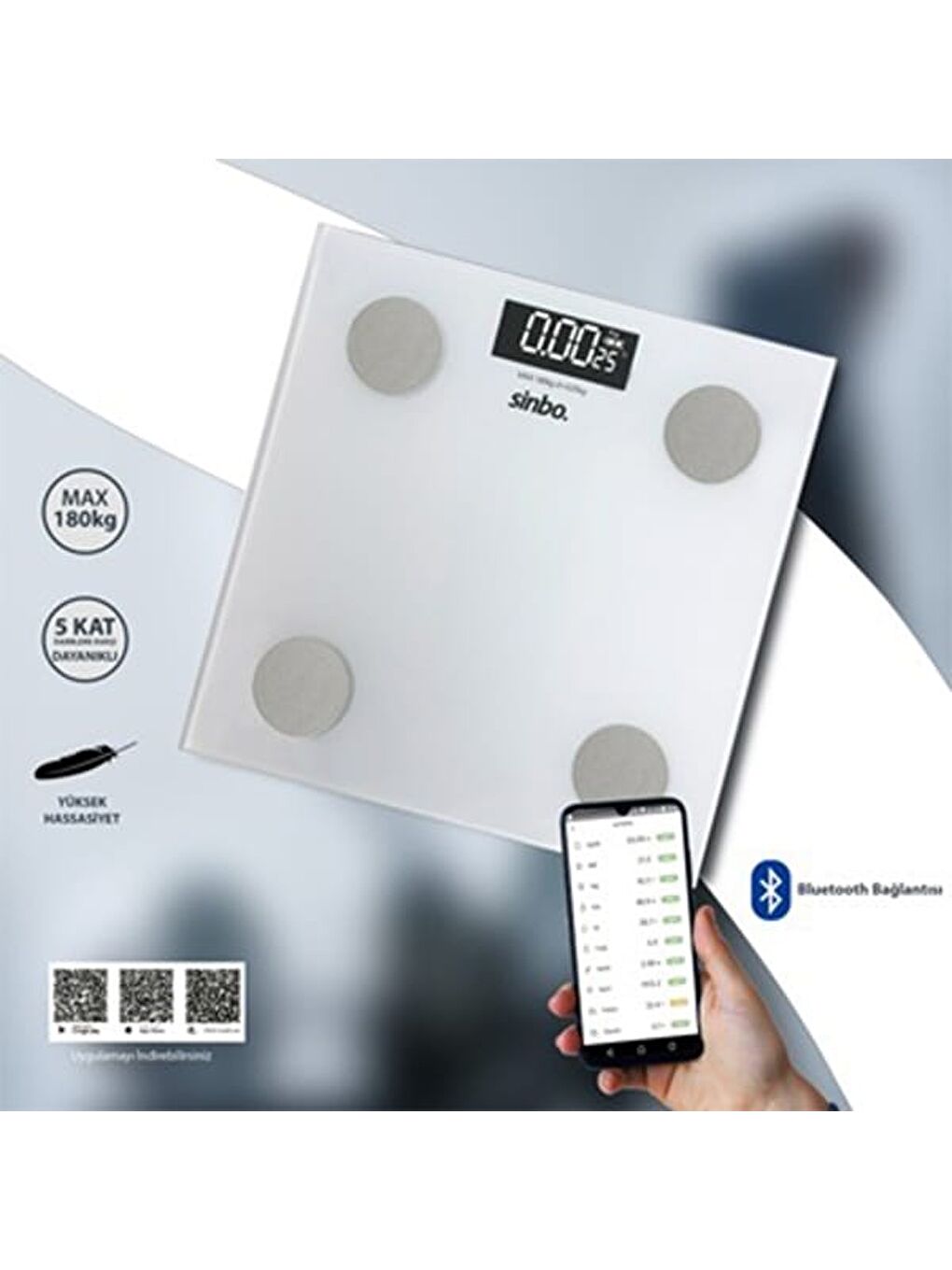 SBS-4467 Yağ Ölçer Fonksiyonlu Bluetooth Baskül - Beyaz