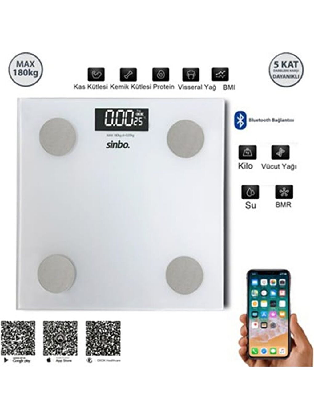 SBS-4467 Yağ Ölçer Fonksiyonlu Bluetooth Baskül - Beyaz-1