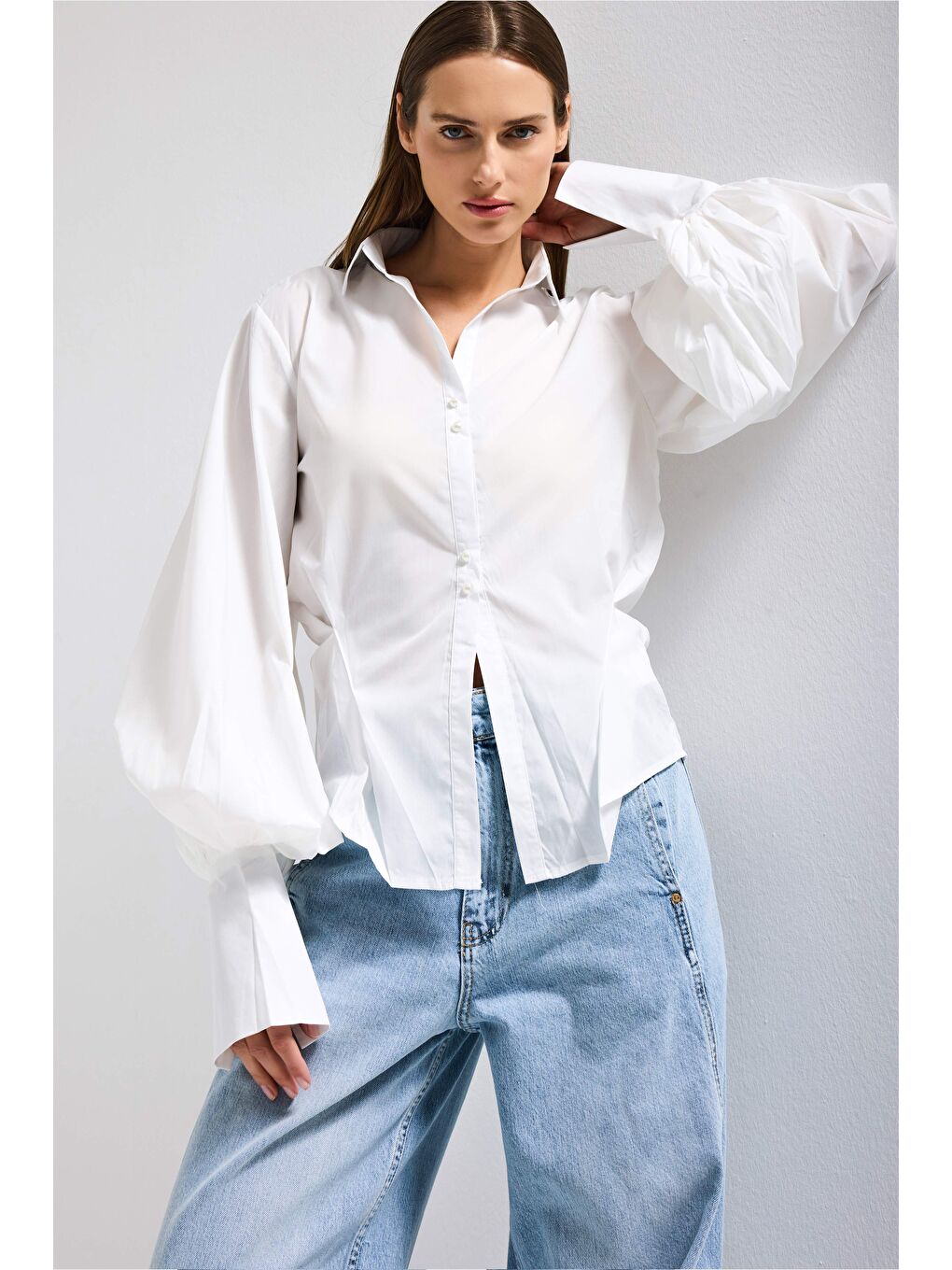 Kadın Beyaz w5 Balon Kol Pamuk Belden Oturtmalı Özel Tasarım Gömlek-1