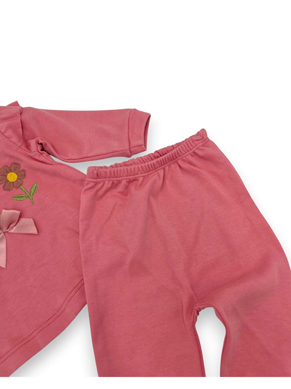 Pembe Kız Bebek Mevsimlik Kalpli Çiçek Nakışlı Fırfırlı Takım-3