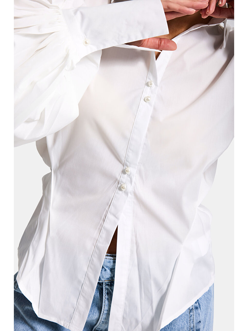 Kadın Beyaz w5 Balon Kol Pamuk Belden Oturtmalı Özel Tasarım Gömlek-2