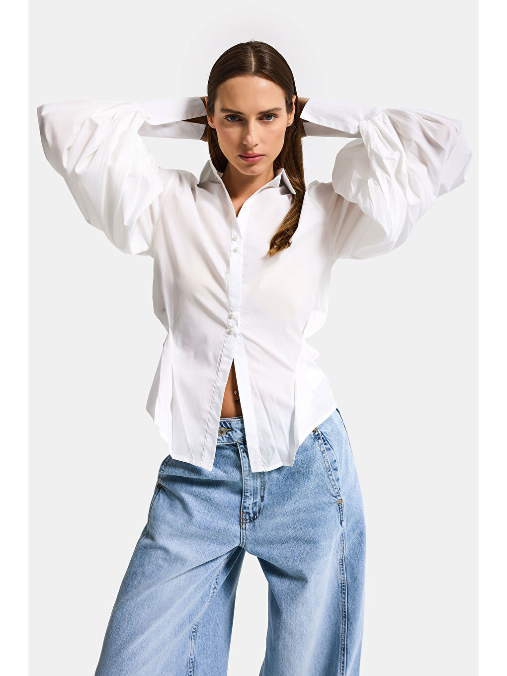 Kadın Beyaz w5 Balon Kol Pamuk Belden Oturtmalı Özel Tasarım Gömlek-3