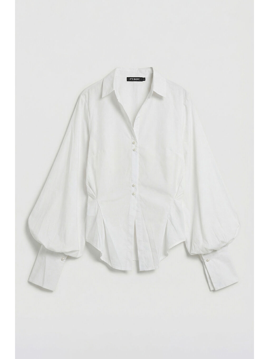 Kadın Beyaz w5 Balon Kol Pamuk Belden Oturtmalı Özel Tasarım Gömlek-4