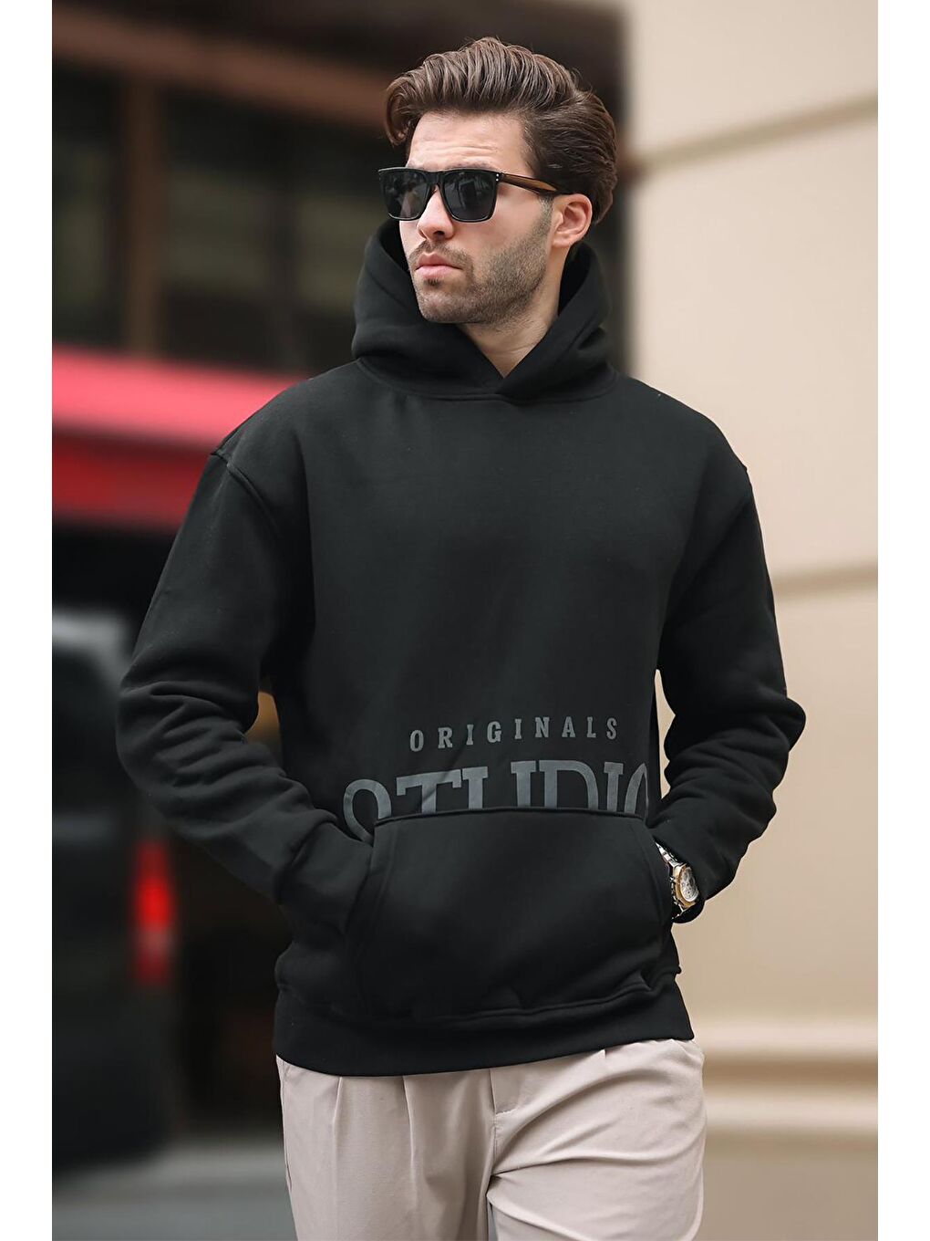 Madmext Siyah Kapüşonlu Baskılı Cep Detaylı Sweatshirt E7076 - 2