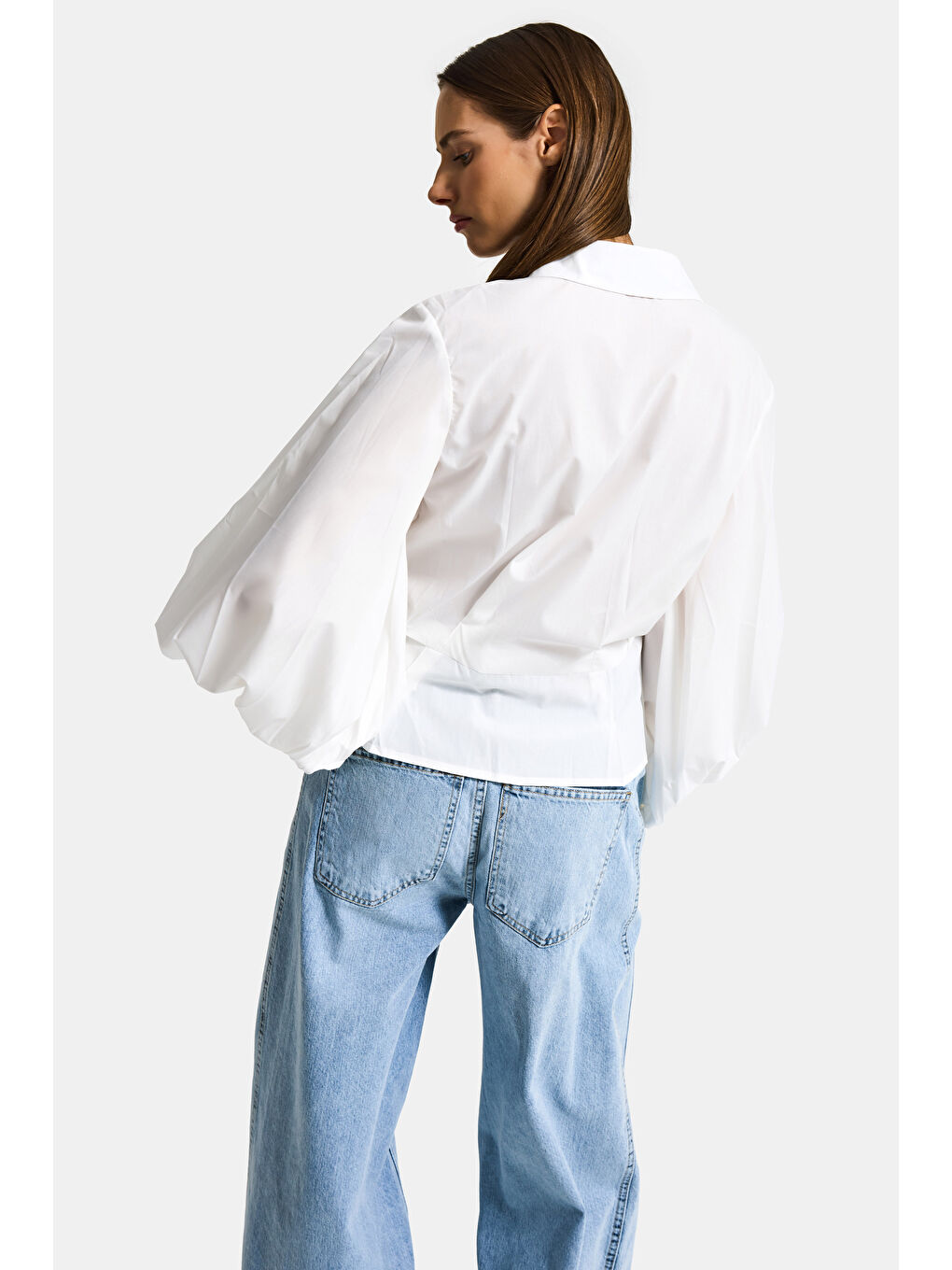 Kadın Beyaz w5 Balon Kol Pamuk Belden Oturtmalı Özel Tasarım Gömlek-5
