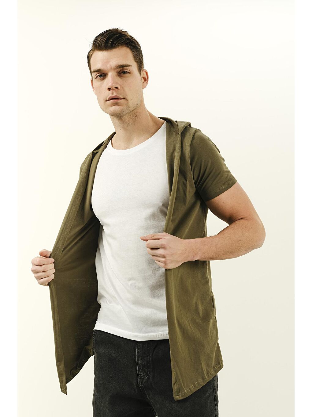 Haki İçi Tshirt Dikili Erkek Slim Fit Basic Kapüşonlu Hırka