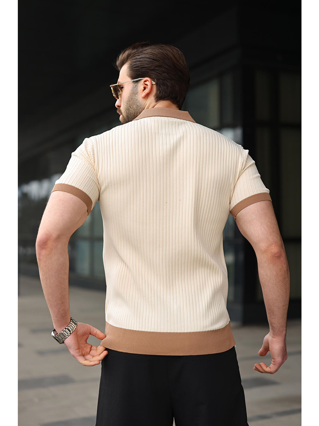 Bej Taş Rengi Polo Yaka Triko Erkek Tişört E7471-3