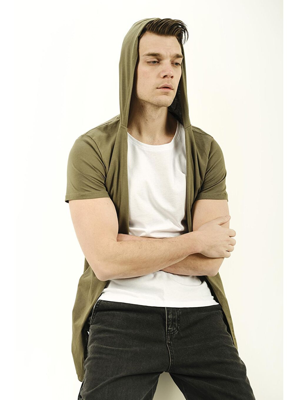 Haki İçi Tshirt Dikili Erkek Slim Fit Basic Kapüşonlu Hırka-1