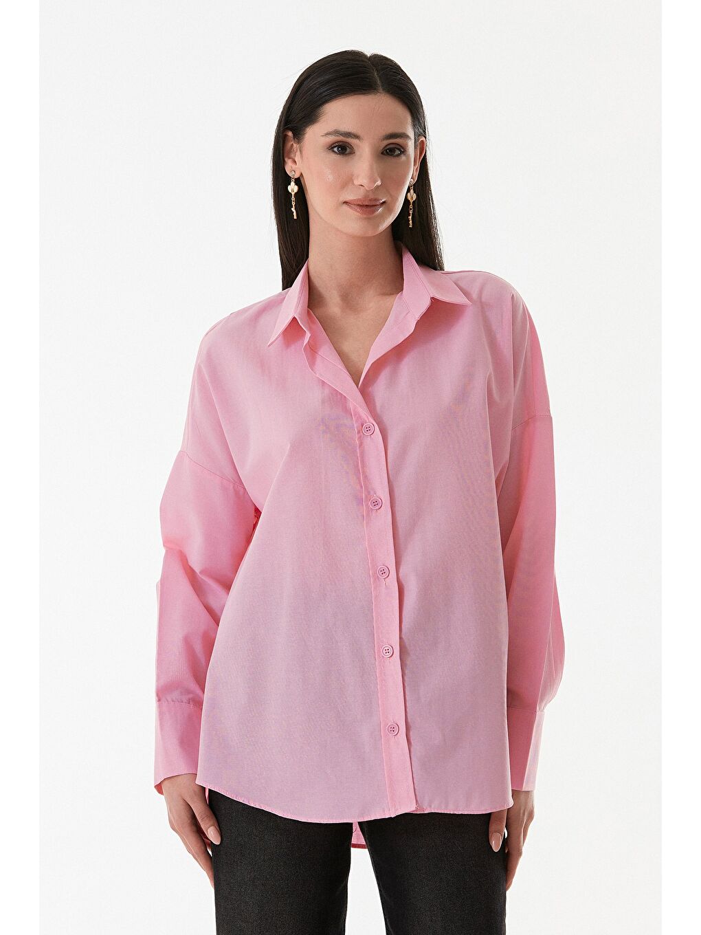 Pembe Basic Arkası Uzun Salaş Gömlek
