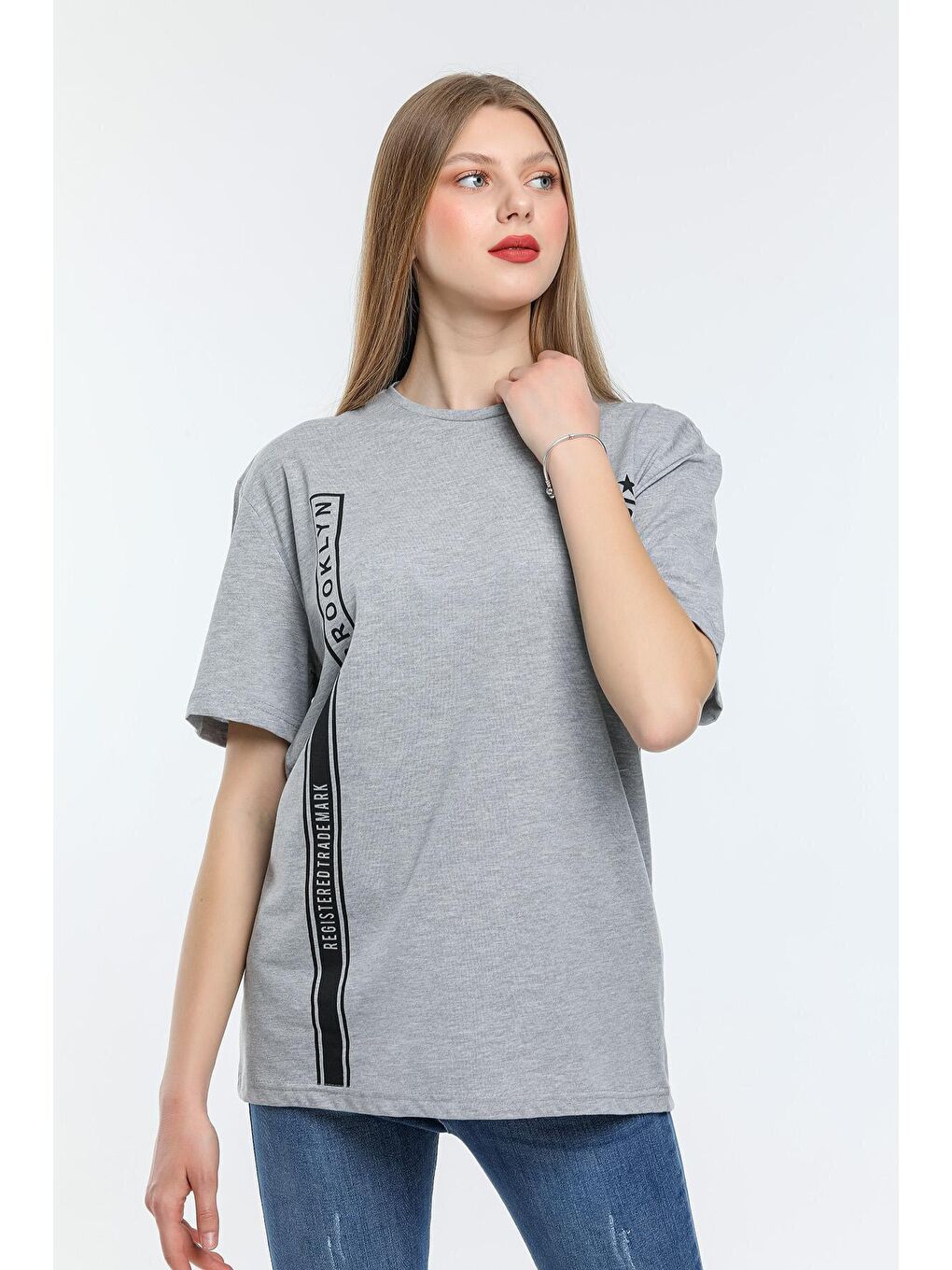 Gri Kadın Bisiklet Yaka Regular Fit Baskılı Tişort SPR21YK24-2