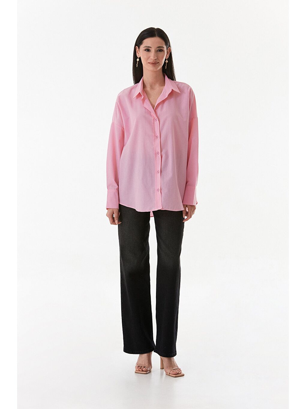 Pembe Basic Arkası Uzun Salaş Gömlek-1