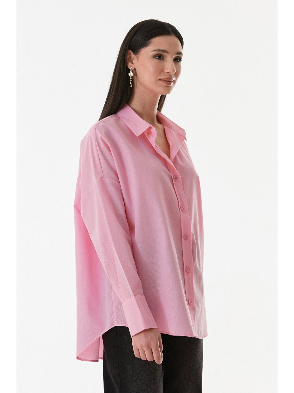 Pembe Basic Arkası Uzun Salaş Gömlek-2