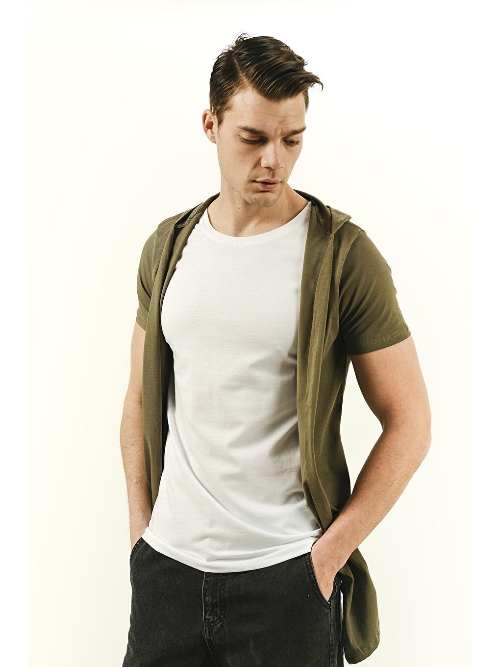Haki İçi Tshirt Dikili Erkek Slim Fit Basic Kapüşonlu Hırka-2
