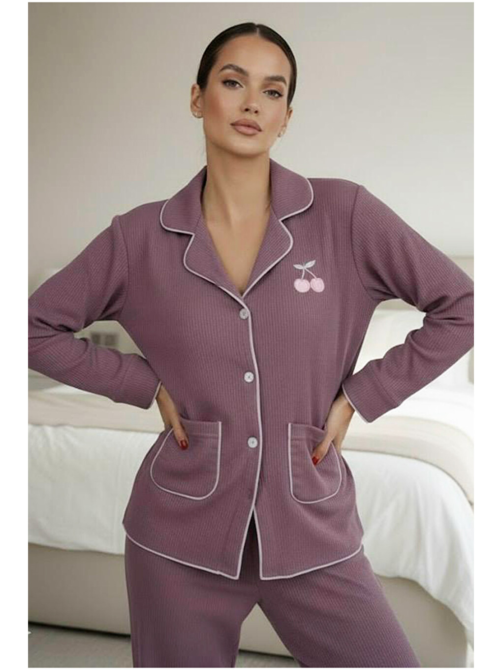 Mor Kiraz Nakışlı Cepli Bürümcük-krınkıl Uzun Kollu Düğmeli Örme Pijama Takım-1