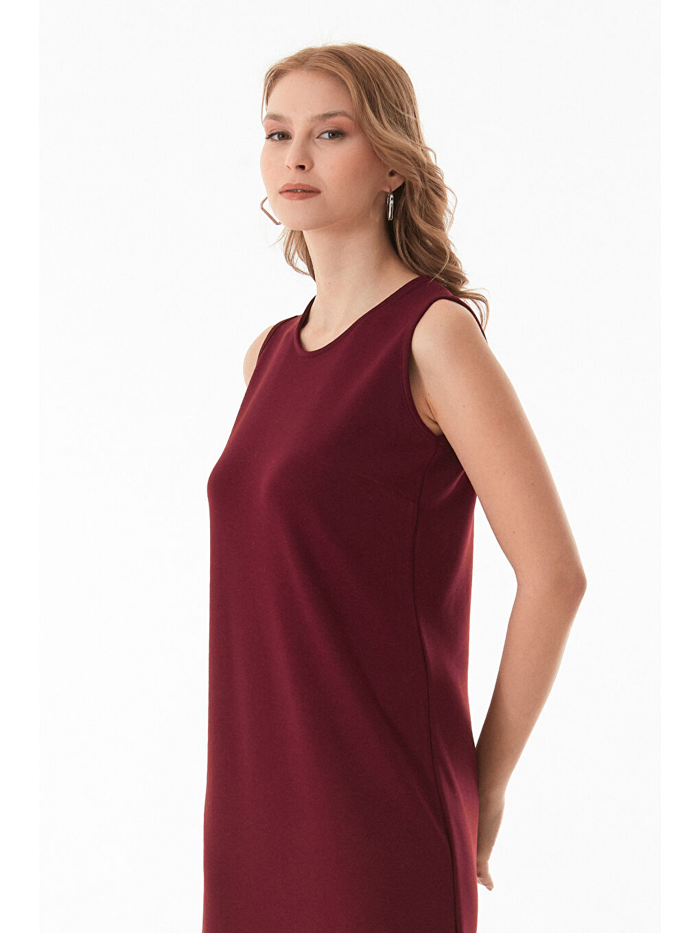 Bordo Basic Yırtmaçlı Modal Elbise-2