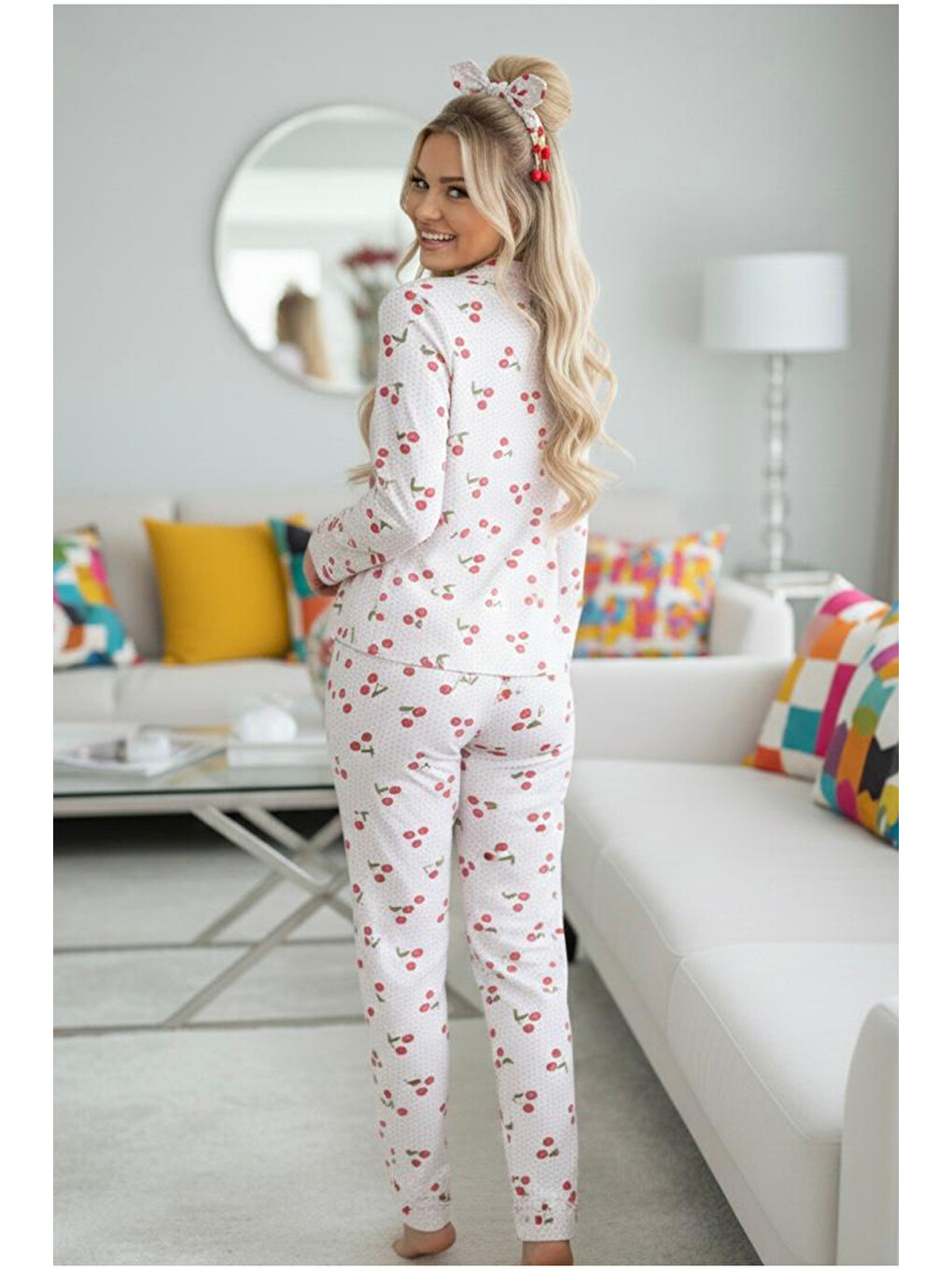Bej Kiraz Desenli Mevsimlik İnce Düğmeli Örme Pijama Takım 7978-2