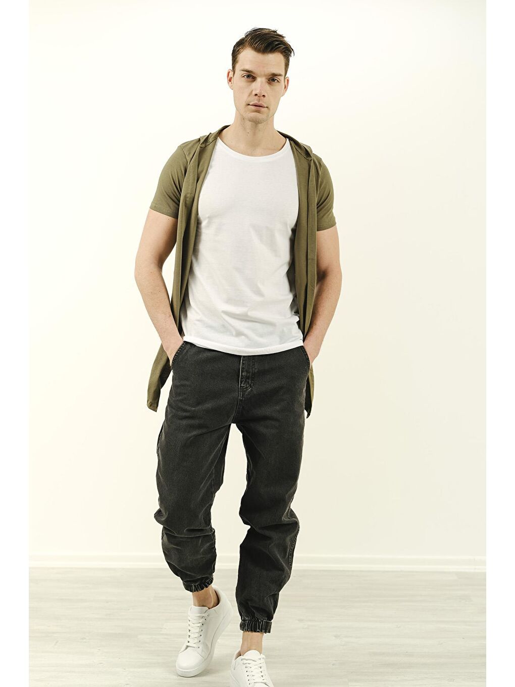 Haki İçi Tshirt Dikili Erkek Slim Fit Basic Kapüşonlu Hırka-3