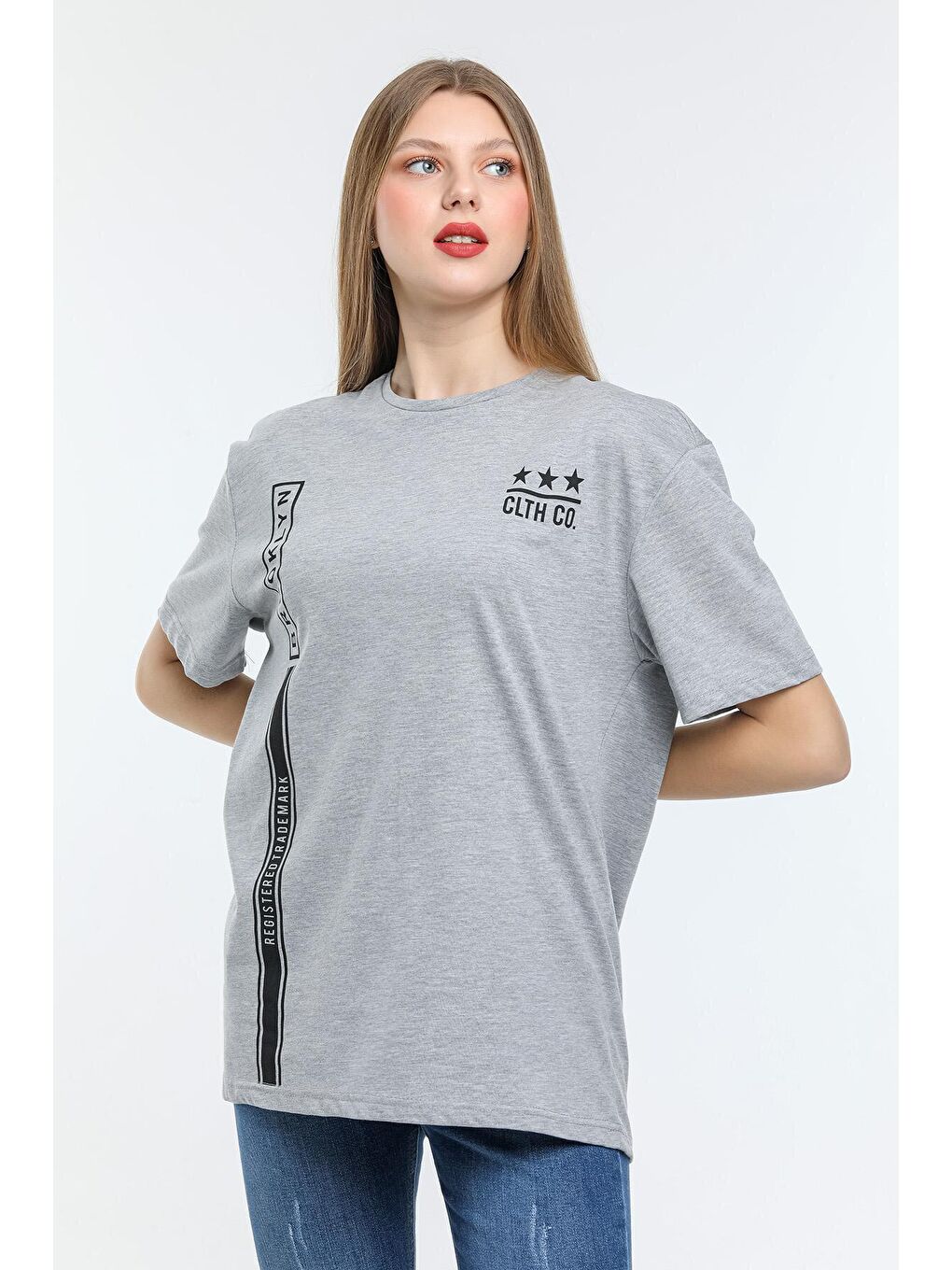 Gri Kadın Bisiklet Yaka Regular Fit Baskılı Tişort SPR21YK24-3