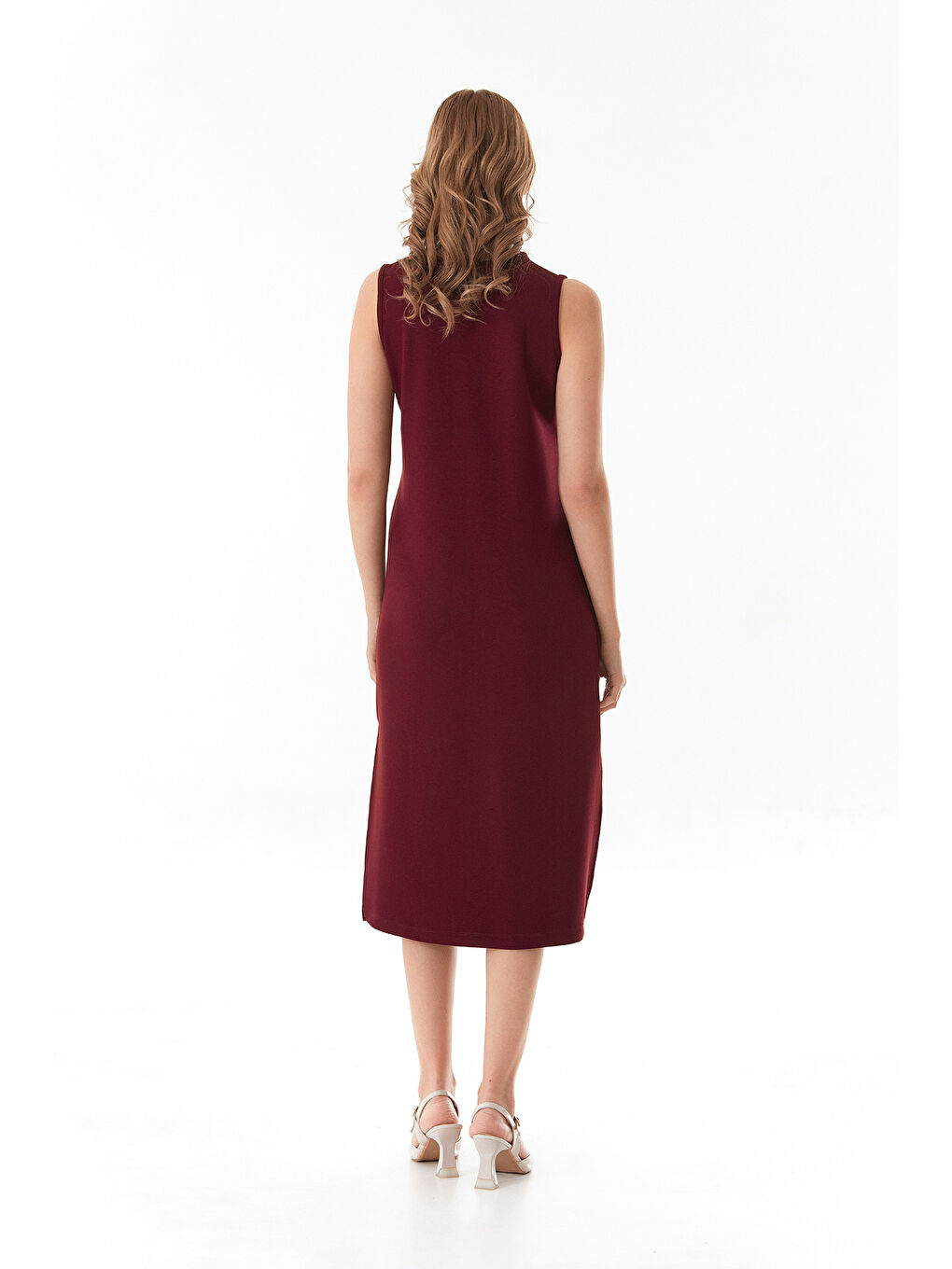 Bordo Basic Yırtmaçlı Modal Elbise-3