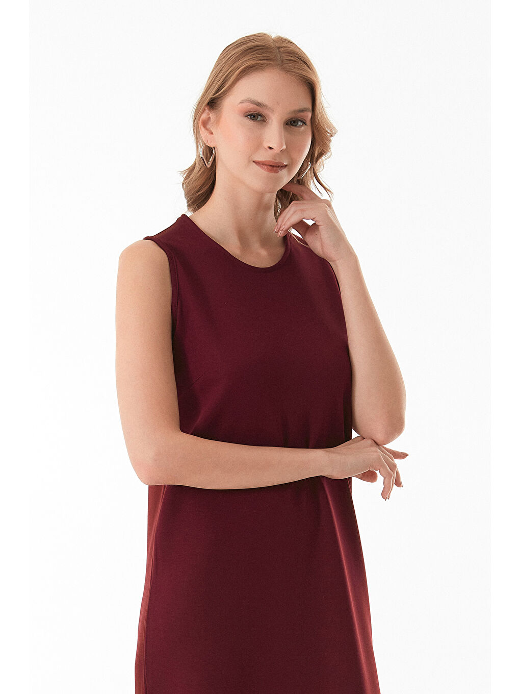 Bordo Basic Yırtmaçlı Modal Elbise-4