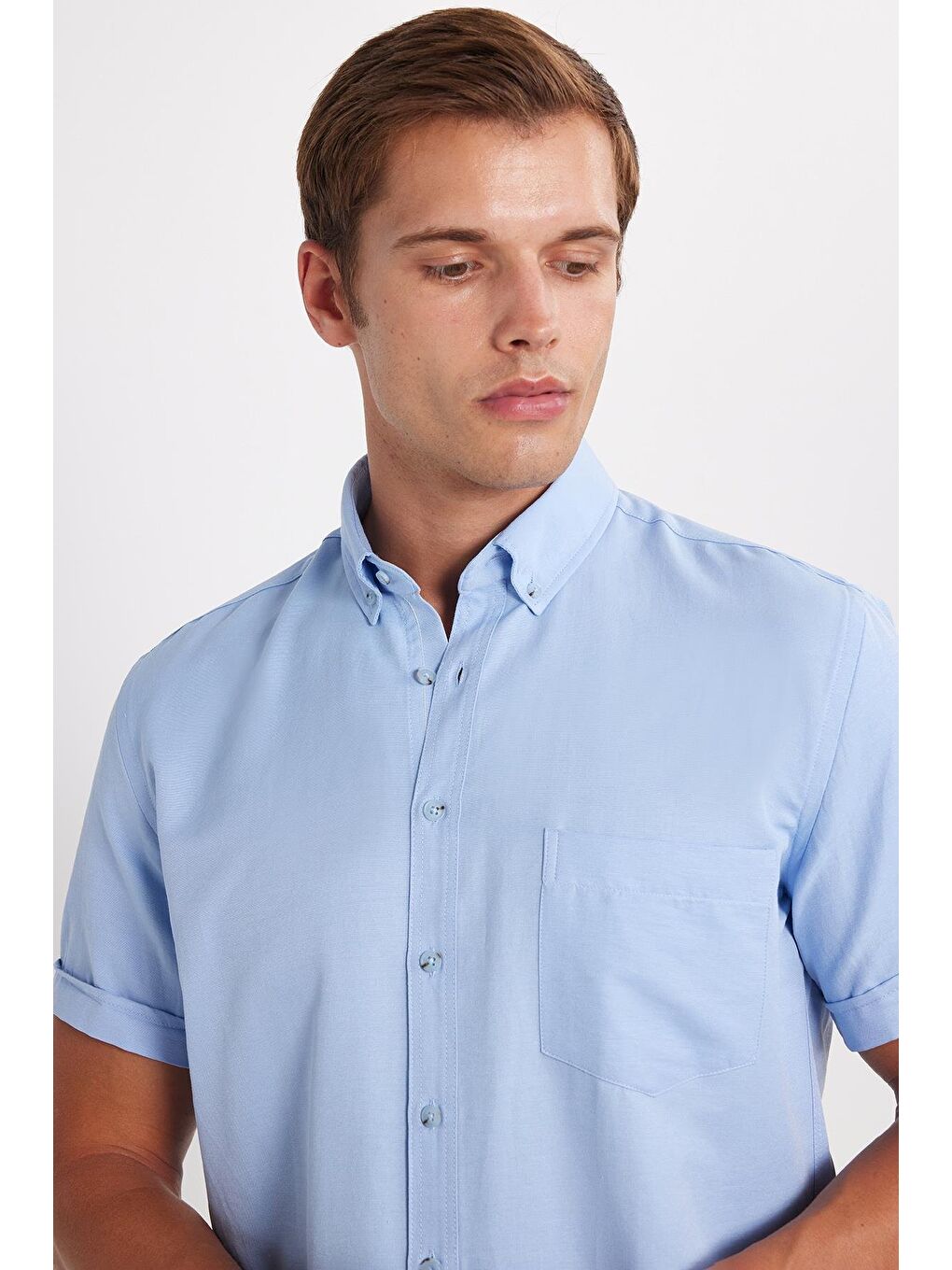 Erkek Klasik Regular Fit Rahat Kesim Düğmeli Spor Yaka Oxford Pamuklu Kısa Kol Mavi Gömlek-1