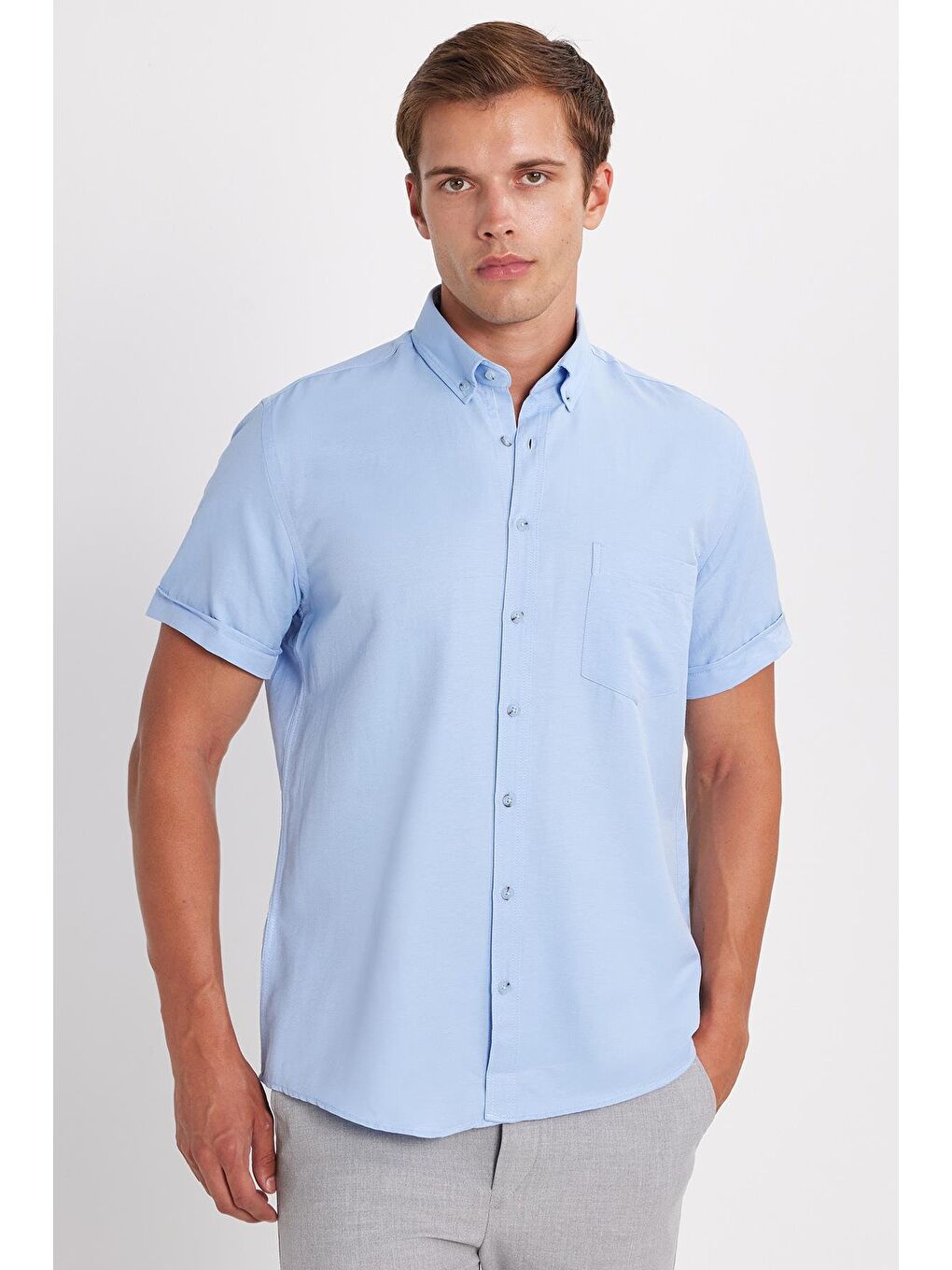 Erkek Klasik Regular Fit Rahat Kesim Düğmeli Spor Yaka Oxford Pamuklu Kısa Kol Mavi Gömlek-3